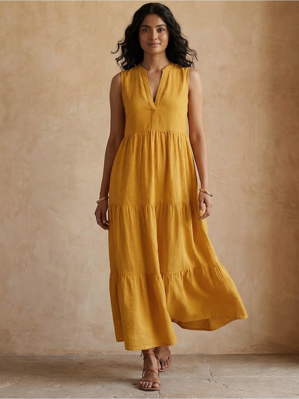 SeamsFriendly Golden V-Neck Tier Maxi Cotton Flax Dress Size 34" Regular